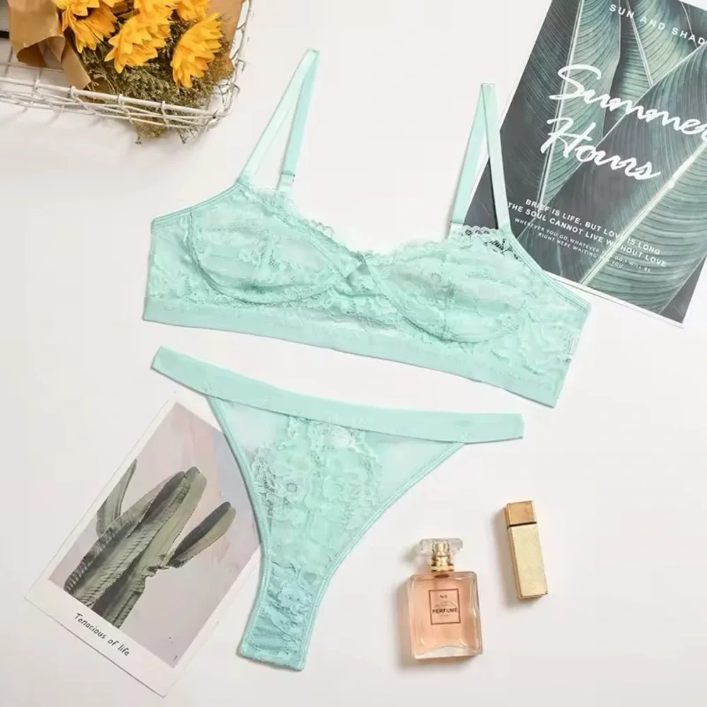 Mint Green Lace Everyday Bra + Panty Lingerie Set - Picture 1 of 8